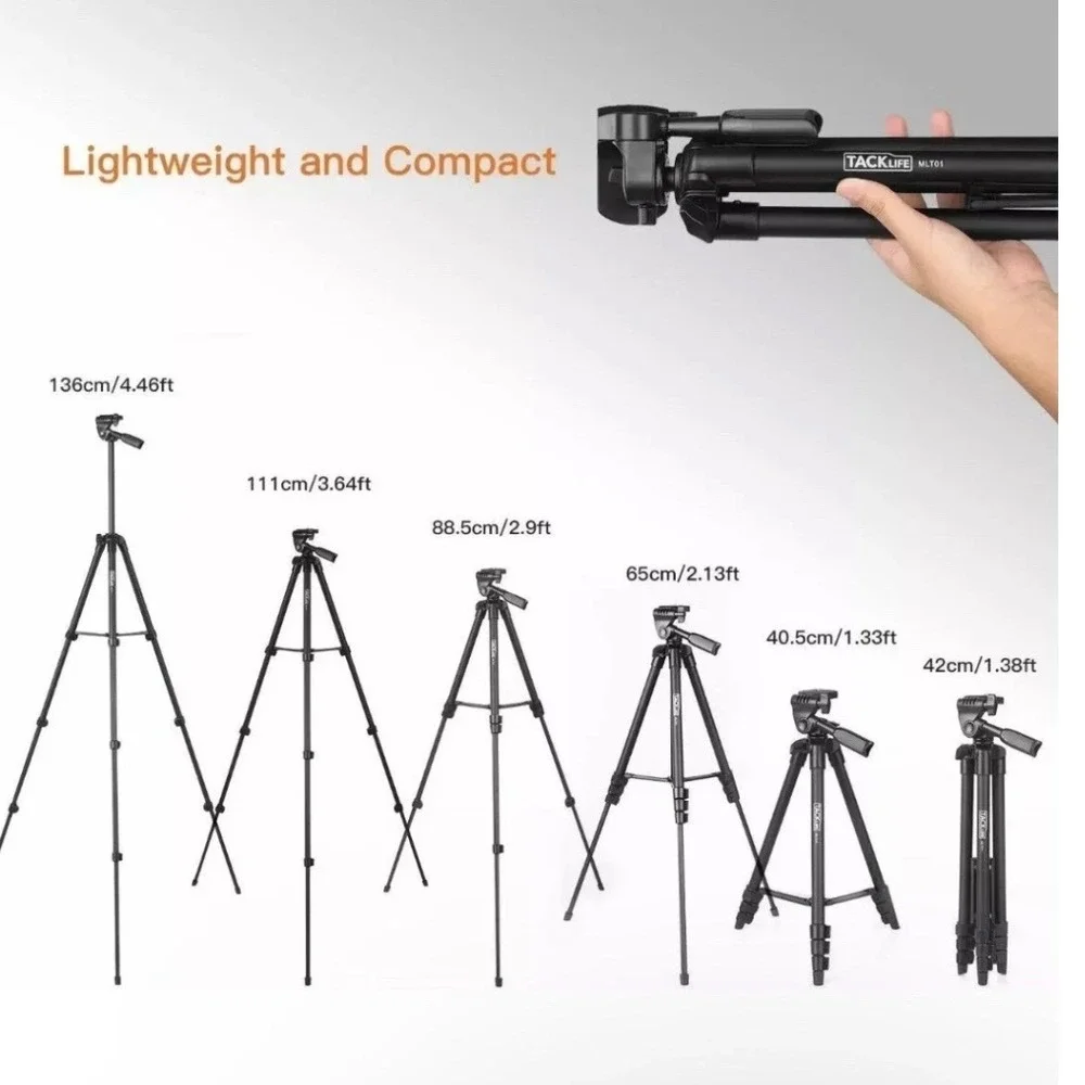 TACKLIFE MLT01 Lightweight Aluminum Camera Phone Tripod with Carry Bag Black